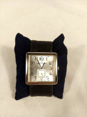 Anne Klein Square Face Watch Hour & Minute Clock Silver w Black Leather Strap